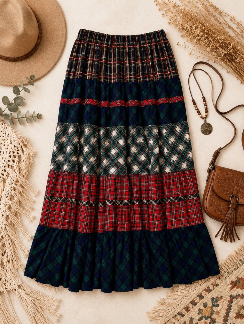 Vtg Carole Little Red Blue Green Tarton Plaid Patchwork Maxi Skirt. Ladies Sz 8